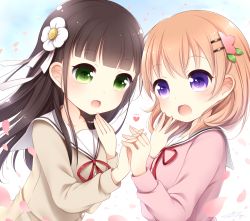 Rule 34 | 2girls, :d, blouse, blush, breasts, brown hair, brown shirt, collarbone, commentary request, eye contact, flower, gochuumon wa usagi desu ka?, green eyes, hair flower, hair ornament, hairclip, hand on own cheek, hand on own face, hand to own mouth, heart, holding hands, hoto cocoa, hoto cocoa&#039;s school uniform, interlocked fingers, long hair, long sleeves, looking at another, multiple girls, neck ribbon, open mouth, orange hair, petals, pink shirt, purple eyes, red ribbon, ribbon, sailor collar, sanotsuki, school uniform, serafuku, shirt, short hair, signature, small breasts, smile, two-tone background, ujimatsu chiya, upper body, white flower, white ribbon, white sailor collar