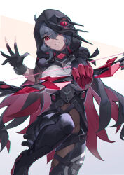 Rule 34 | 1girl, asc11, asymmetrical hair, black bodysuit, black cloak, black footwear, black gloves, black hoodie, bodysuit, boots, bow (weapon), breasts, cloak, gloves, grey hair, highres, holding, holding bow (weapon), holding weapon, honkai (series), honkai impact 3rd, hood, hoodie, large breasts, looking at viewer, parted lips, raven (honkai impact), red eyes, red gloves, short hair, solo, two-tone background, weapon