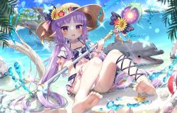 Rule 34 | 1girl, :d, animal, barefoot, beach, bikini, blue sky, blush, branch, brown hat, cloud, commentary request, day, dolphin, flower, glowing, hat, hat flower, highres, holding, holding staff, horizon, hydrokinesis, kyouka (princess connect!), kyouka (summer) (princess connect!), long hair, looking at viewer, low twintails, ocean, open mouth, orb, outdoors, palm tree, pink bikini, pink flower, pointy ears, princess connect!, purple eyes, purple hair, red flower, sand, siera (sieracitrus), sky, smile, soles, solo, staff, starfish, sun hat, sunflower, swimsuit, tree, twintails, very long hair, water, white bikini, white flower, yellow flower