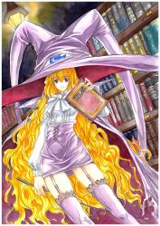 Rule 34 | 00s, 1girl, big hair, blonde hair, book, dutch angle, garter belt, garter straps, hat, indoors, library, lilith (yamibou), long hair, looking at viewer, miniskirt, otarou (otamax), pencil skirt, skirt, solo, thighhighs, traditional media, very long hair, whip, witch hat, yami to boushi to hon no tabibito, zettai ryouiki