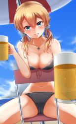 Rule 34 | 1girl, absurdres, alcohol, alternate costume, bad id, bad pixiv id, beach, beach umbrella, beer, bikini, black bikini, blonde hair, blue eyes, blue sky, blush, breasts, chair, cleavage, cloud, collarbone, commentary request, cross, cross necklace, cup, day, hair between eyes, hair ornament, halterneck, head tilt, highres, holding, holding cup, iron cross, jewelry, kantai collection, large breasts, long hair, looking at viewer, low twintails, mug, navel, necklace, nuka (nvkka), outdoors, parted lips, pov, prinz eugen (kancolle), sand, sitting, sky, smile, solo, stomach, string bikini, swimsuit, table, thighs, twintails, umbrella
