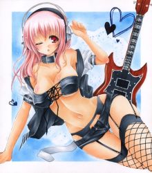 Rule 34 | 1girl, breasts, choker, cleavage, collar, electric guitar, fishnet thighhighs, fishnets, guitar, headphones, heart, hip focus, instrument, long hair, navel, nitroplus, one eye closed, pink hair, rano, red eyes, shorts, solo, super sonico, thigh gap, thighhighs, thighs, traditional media, unzipped, wide hips, wink