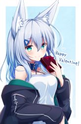 Rule 34 | 1girl, animal ears, bare shoulders, black jacket, blue background, blue collar, blue eyes, blue hair, box, breasts, camisole, cleavage, closed mouth, collar, collarbone, commentary request, drop shadow, fox ears, gift, gift box, hair between eyes, hair ornament, hairclip, hand up, happy valentine, highres, holding, holding gift, hood, hood down, hooded jacket, jacket, long hair, long sleeves, looking at viewer, medium breasts, open clothes, open jacket, original, shirogane kasane, sleeves past wrists, smile, solo, surume aburi, two-tone background, white background, white camisole