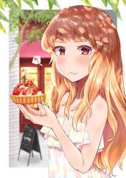 Rule 34 | 1girl, :t, absurdres, bare arms, bare shoulders, blurry, blurry background, blush, brown hair, closed mouth, commentary request, depth of field, dress, eating, food, food on face, fruit, green nails, hands up, heart, highres, holding, holding food, long hair, makano mucchi, menu board, nail polish, original, painttool sai (medium), red eyes, solo, spoken heart, storefront, strapless, strapless dress, strawberry, thick eyebrows, upper body, very long hair, wavy mouth, white dress