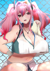 Rule 34 | 1girl, artist name, azur lane, breasts, bremerton (azur lane), bremerton (scorching-hot training) (azur lane), chain-link fence, cleavage, crop top, crop top overhang, fence, grey hair, hachimitsu hinako, hair ornament, heart, heart necklace, highres, large breasts, looking at viewer, mole, mole on breast, mole under eye, multicolored hair, necklace, official alternate costume, one-hour drawing challenge, pink eyes, pink hair, shirt, sleeveless, sleeveless shirt, solo, sportswear, streaked hair, sweatdrop, tennis uniform, two-tone shirt, two-tone skirt, x hair ornament