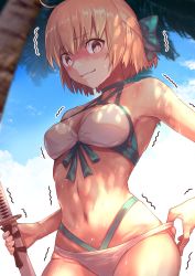 Rule 34 | 1girl, absurdres, ahoge, bikini, blonde hair, blue sky, blush, bow, breasts, closed mouth, cloud, commentary request, day, fate/grand order, fate (series), green bow, hair bow, highres, holding, holding sword, holding weapon, katana, looking at viewer, medium breasts, nakanishi tatsuya, navel, okita j. souji (fate), okita j. souji (third ascension) (fate), okita souji (fate), okita souji (koha-ace), outdoors, short hair, sky, smile, solo, sweat, swimsuit, sword, trembling, weapon, white bikini, yellow eyes
