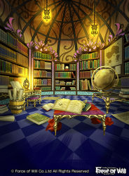 Rule 34 | book, company name, force of will, lamp, library, map, nagasaki yuko, no humans, official art, scenery, scroll