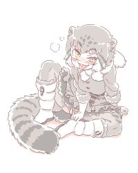 Rule 34 | 10s, 1girl, animal ears, blush, boots, full body, gloves, grey hair, grey pantyhose, grey skirt, grey sweater, grey theme, kemono friends, long sleeves, looking at viewer, mitsumoto jouji, pallas&#039;s cat (kemono friends), pantyhose, scarf, short hair, simple background, sitting, skirt, smile, solo, spread legs, sweat, sweater, tail, tongue, tongue out, torn clothes, torn pantyhose, white background, white footwear, white gloves, white scarf, yellow eyes