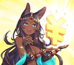 Rule 34 | + +, 1girl, :d, animal ears, blue eyes, blush, breasts, bridal gauntlets, brown hair, cleavage, dark-skinned female, dark skin, fate/grand order, fate (series), hands up, jewelry, kz ripo, large breasts, long hair, looking at viewer, open mouth, parted bangs, queen of sheba (fate), smile, solo, v-shaped eyebrows, very long hair, yen sign