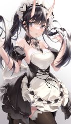 Rule 34 | 1girl, absurdres, apron, azur lane, bad id, bad twitter id, bare shoulders, black dress, black footwear, black hair, black thighhighs, breasts, collarbone, commentary, cowboy shot, dress, eyelashes, garter straps, gradient background, grey background, hands up, heart, highres, horns, long hair, looking at viewer, maid headdress, medium breasts, noshiro (azur lane), noshiro (hold the ice) (azur lane), official alternate costume, solo, standing, standing on one leg, strapless, strapless dress, thighhighs, tongue, tongue out, uosaasou, white apron, white background
