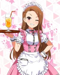 Rule 34 | 1girl, apron, asymmetrical bangs, bow, bowtie, breasts, brown hair, butterfly ornament, dot nose, dress, drinking straw, forehead, frilled apron, frilled skirt, frills, hair over breasts, hand on own hip, holding, holding tray, ice, idolmaster, idolmaster (classic), idolmaster million live!, idolmaster million live! theater days, juice, long hair, looking at viewer, maid headdress, minase iori, official alternate costume, official art, one eye closed, orange juice, pink bow, pink bowtie, pink dress, pretty waitress (idolmaster), puffy short sleeves, puffy sleeves, red eyes, serving, shirt, short sleeves, sidelocks, skirt, small breasts, smile, solo, standing, star (symbol), starry background, straight hair, teeth, thighhighs, tray, upper body, v-shaped eyebrows, waist apron, waitress, white apron, white shirt, white thighhighs, wrist cuffs