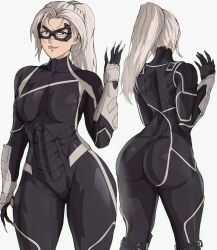 Rule 34 | 1girl, ass, black bodysuit, black cat (marvel), bodysuit, breasts, claws, commentary, domino mask, english commentary, grey eyes, highres, marvel, mask, medium breasts, ponytail, smile, solo, spider-man (series), spider-man 2 (2023 game), thick thighs, thighs, white hair, yoracrab