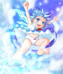 Rule 34 | 1girl, blue dress, blue eyes, blue hair, bow, cirno, clenched hand, clenched hands, daiso, dress, hair bow, hair ribbon, hands up, ice, ice wings, kicking, matching hair/eyes, open mouth, panties, ribbon, smile, solo, touhou, traditional media, underwear, wings