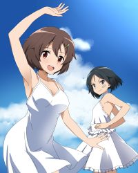 Rule 34 | 2girls, bare shoulders, black hair, blue eyes, brave witches, breasts, brown eyes, brown hair, hair ornament, highres, kaneko (novram58), kanno naoe, karibuchi hikari, looking at viewer, medium breasts, multiple girls, open mouth, outdoors, short hair, sky, small breasts, smile, world witches series