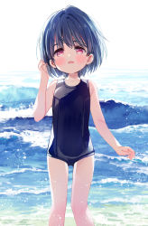 Rule 34 | 1girl, bare arms, bare shoulders, black hair, black one-piece swimsuit, blush stickers, collarbone, day, feet out of frame, hair between eyes, highres, meito (maze), old school swimsuit, one-piece swimsuit, original, outdoors, red eyes, revision, school swimsuit, solo, standing, swimsuit, water, waves