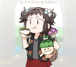 Rule 34 | 1girl, :t, aranara (genshin impact), artist self-insert, black hair, black shirt, blue bow, bow, carrying, carrying under arm, closed mouth, commentary request, eating, floral print, flower, food, genshin impact, grey shirt, hair bow, highres, holding, holding food, open clothes, open shirt, original, pink flower, pleated skirt, print shirt, red skirt, shirt, short sleeves, sidelocks, skirt, solo, two side up, v-shaped eyebrows, white bow, yukie (kusaka shi), | |