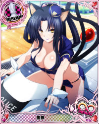 Rule 34 | 1girl, animal ears, bishop (chess), black hair, black panties, breasts, card (medium), cat ears, cat girl, cat tail, character name, chess piece, cleavage, closed mouth, crop top, female service cap, hair rings, hairband, hat, high school dxd, high school dxd infinity, kuroka (high school dxd), large breasts, lipstick, long hair, looking at viewer, makeup, mini hat, motor vehicle, motorcycle, multiple tails, official art, outdoors, panties, police, police uniform, policewoman, purple lips, skirt, slit pupils, smile, solo, source request, tail, torn clothes, trading card, underwear, uniform, yellow eyes