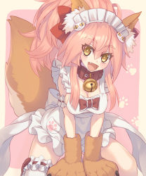 Rule 34 | 1girl, @ @, animal ears, apron, bad id, bad pixiv id, bell, blush, breasts, cleavage, collar, fang, fate/grand order, fate (series), fox ears, fox tail, hair ribbon, highres, kaina (tsubasakuronikuru), large breasts, long hair, looking at viewer, maid headdress, naked apron, neck bell, open mouth, pink hair, ribbon, skindentation, solo, tail, tamamo (fate), tamamo cat (fate), tamamo cat (third ascension) (fate), tamamo no mae (fate/extra), thighhighs, yellow eyes