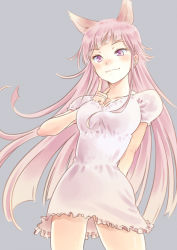 Rule 34 | 1girl, :3, animal ears, arm behind back, blush, dress, finger to own chin, grey background, highres, long hair, looking down, original, pink hair, purple eyes, simple background, smile, solo, t-okada