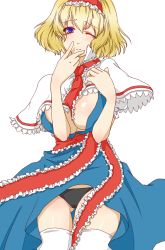 Rule 34 | 1girl, alice margatroid, blonde hair, blue eyes, breasts, capelet, female focus, hairband, highres, himenomikan, large breasts, short hair, solo, thighhighs, touhou