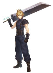 Rule 34 | 1boy, artist name, bare shoulders, blonde hair, boots, brown footwear, brown gloves, buster sword, cloud strife, commentary request, final fantasy, final fantasy vii, final fantasy vii remake, frown, gloves, green eyes, hair between eyes, highres, holding, holding sword, holding weapon, looking at viewer, male focus, messy hair, short hair, shouhei, shoulder pads, simple background, solo, spiked hair, square enix, sword, weapon, white background