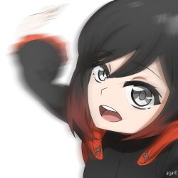 Rule 34 | 1girl, ar jart, artist name, black dress, black hair, blurry, cape, close-up, dress, gradient hair, grey eyes, long sleeves, looking at viewer, motion blur, multicolored hair, open mouth, red cape, red hair, ruby rose, rwby, short hair, slapping, smile, solo, white background