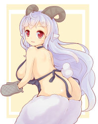 Rule 34 | 1girl, apron, ass, breasts, dunceneygak, horns, large breasts, light purple hair, monster girl, naked apron, red eyes, sheep girl, sideboob, tail, wool