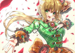 Rule 34 | 1girl, ahoge, blonde hair, blush, braid, breasts, brooch, fate/extra, fate/grand order, fate (series), french braid, green eyes, green shirt, hair between eyes, hair bun, hair intakes, hair ornament, jewelry, large breasts, long hair, long sleeves, looking at viewer, lostroom outfit (fate), nero claudius (fate), nero claudius (fate) (all), nero claudius (fate/extra), official alternate costume, open mouth, orange skirt, outstretched arm, petals, ralf, shirt, side ponytail, single hair bun, skirt, smile, solo