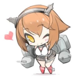 Rule 34 | 10s, 1girl, ;), bad id, bad twitter id, brown hair, chibi, headgear, heart, kantai collection, leaning forward, lowres, minono aki, mutsu (kancolle), one eye closed, short hair, simple background, smile, solo, yellow eyes