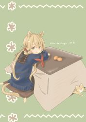 Rule 34 | 1girl, absurdres, animal ears, armband, black sailor collar, blonde hair, blue sweater, cat, cat ears, cat tail, commentary request, food, from above, fruit, highres, kantai collection, kotatsu, long hair, looking at viewer, mandarin orange, pot-de, sailor collar, satsuki (kancolle), satsuki kai ni (kancolle), sitting, sweater, table, tail, twintails, twitter username