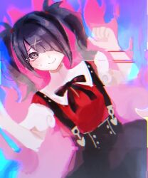 Rule 34 | 1girl, ame-chan (needy girl overdose), black eyes, black hair, black ribbon, black skirt, collared shirt, cowboy shot, dutch angle, glitch, hair ornament, hair over one eye, hands up, long hair, looking at viewer, neck ribbon, needy girl overdose, red shirt, ribbon, shirt, skirt, smile, solo, standing, suspender skirt, suspenders, sweatdrop, twintails, x hair ornament, yamo 888