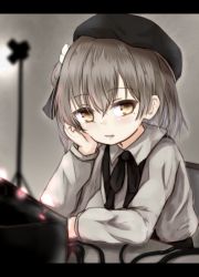 Rule 34 | 1girl, arm support, baram, beret, black bow, black hat, black ribbon, blush, bow, brown eyes, brown hair, collared shirt, commentary request, fang, hair between eyes, hair rings, hat, hatoba tsugu, long sleeves, mole, mole under eye, parted lips, ribbon, shirt, sitting, solo, suspenders, virtual youtuber, white shirt