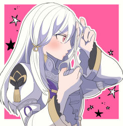 Rule 34 | 1girl, alternate hairstyle, closed mouth, cutting hair, cutting own hair, dress, fire emblem, fire emblem: three houses, fire emblem warriors, fire emblem warriors: three hopes, from side, gold trim, hand in own hair, holding, holding scissors, jewelry, juliet sleeves, long hair, long sleeves, looking ahead, lysithea von ordelia, nintendo, official alternate costume, ouzisamafe, parted lips, pink background, pink eyes, profile, puffy sleeves, purple dress, scissors, simple background, solo, star (symbol), two-tone background, two-tone dress, upper body, v-shaped eyebrows, white background, white dress, white hair, wide sleeves