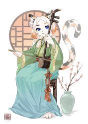 Rule 34 | 1girl, animal ears, blue eyes, blue skirt, brown hair, cat ears, cat girl, cat tail, erhu, female focus, furry, furry female, highres, holding, holding instrument, instrument, japanese clothes, kawarage yatano, long skirt, looking at viewer, mismatched eyebrows, multicolored hair, music, obi, open mouth, original, playing instrument, sash, sitting, skirt, solo, stool, tail, vase, white hair, wide sleeves