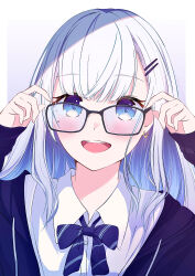 Rule 34 | 1girl, absurdres, adjusting eyewear, amane 1906, black-framed eyewear, blue bow, blue eyes, blue hair, blue jacket, blush, border, bow, collared shirt, commentary, drawstring, earrings, glasses, gradient background, gradient hair, hair ornament, hairclip, highres, hood, hood down, jacket, jewelry, blue background, light blue hair, long sleeves, looking at viewer, mole, mole under eye, multicolored hair, open clothes, open jacket, open mouth, original, school uniform, shirt, sleeves past wrists, smile, solo, striped bow, teeth, upper body, upper teeth only, white background, white border, white hair, white shirt