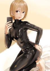 Rule 34 | 1girl, adjusting eyewear, ass, ass grab, blush, bodysuit, breasts, brown eyes, cellphone, cowboy shot, from behind, glasses, grabbing own ass, hand on own stomach, highres, kilye kairi, kneeling, latex, latex suit, lips, original, phone, shiny clothes, short hair, skin tight, smartphone, solo