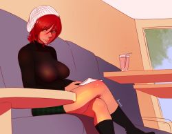 Rule 34 | 1girl, angellove44, boots, breasts, female focus, hat, large breasts, looking at viewer, plaid, plaid skirt, public indecency, red hair, short hair, sitting, skirt, solo, turtleneck