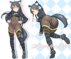 Rule 34 | 1girl, animal ear fluff, animal ears, argyle, argyle background, argyle legwear, argyle shirt, arm support, ass, bent over, black bodysuit, black footwear, black hair, blue background, blue bow, blush, bodysuit, boots, bow, bowtie, breasts, cat ears, cat girl, cat tail, commentary request, commission, cropped shirt, detached pants, drop shadow, from behind, full body, hair between eyes, hair ornament, hands on own hips, highres, impossible bodysuit, impossible clothes, juliet sleeves, long hair, long sleeves, looking at viewer, looking back, midriff, multiple views, navel, original, parted bangs, puffy sleeves, red eyes, sakieko, simple background, skeb commission, small breasts, smile, standing, tail, translation request, white background