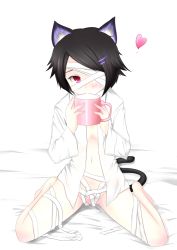 Rule 34 | 1girl, animal ears, ar tonelico, ar tonelico iii, bad id, bad pixiv id, bandage over one eye, bandages, bed, black hair, cat ears, cat girl, cat tail, censored, convenient censoring, dress shirt, female focus, filament (ar tonelico), full body, gust, hair ornament, hairclip, inu3, open clothes, open shirt, red eyes, shirt, short hair, sitting, solo, tail, wariza, white background