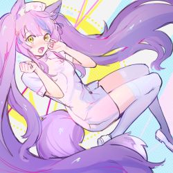 Rule 34 | 1girl, animal ears, blush, breasts, fox ears, fox tail, hat, high heels, highres, k (sktchblg), long hair, looking at viewer, nurse, nurse cap, open mouth, original, purple hair, small breasts, solo, tail, teeth, thighhighs, twintails, very long hair, yellow eyes