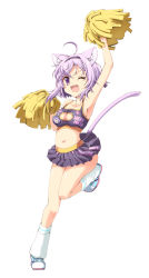 Rule 34 | 1girl, :3, absurdres, ahoge, animal ear fluff, animal ears, armpits, bare arms, bare shoulders, breasts, cat cutout, cat ears, cat girl, cat tail, cheerleader, cleavage cutout, clothes writing, clothing cutout, crop top, fang, full body, hair between eyes, hairband, highres, hololive, knee up, loose socks, microskirt, midriff, navel, nekomata okayu, one eye closed, pleated skirt, pom pom (cheerleading), poruneko, purple eyes, shoes, short hair, simple background, skin fang, skirt, sneakers, socks, sparkling eyes, tail, tank top, tube socks, v-shaped eyebrows, virtual youtuber, wavy mouth, white background
