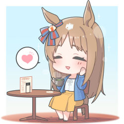 Rule 34 | 1girl, animal ears, blue ribbon, blush, bow, chair, chibi, closed eyes, commentary, cup, ear ribbon, grass wonder (umamusume), hand on own cheek, hand on own face, hands up, heart, highres, holding, holding cup, horse ears, horse girl, horse tail, light brown hair, long hair, long sleeves, menu, multicolored hair, no nose, on chair, open clothes, open mouth, red ribbon, ribbon, shirt, sitting, skirt, smile, solo, sparkle, spoken heart, steam, streaked hair, table, tail, umamusume, warashi, white ribbon, white shirt, yellow skirt