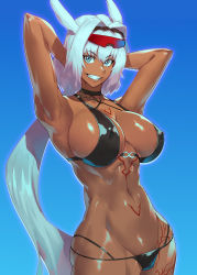 Rule 34 | 1girl, abs, absurdres, animal ears, armpits, arms behind head, arms up, bare shoulders, bikini, black bikini, blue eyes, body markings, breasts, caenis (fate), caenis (swimsuit rider) (fate), cleavage, collarbone, fate/grand order, fate (series), goggles, grin, hairband, highres, ippo, large breasts, long hair, looking at viewer, navel, smile, solo, swimsuit, thighs, very long hair, white hair