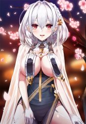 Rule 34 | 1girl, azur lane, blush, braid, breast curtains, breasts, china dress, chinese clothes, cleavage, commentary request, dress, flower, hair between eyes, large breasts, looking at viewer, red eyes, revision, short hair, short sleeves, sirius (azur lane), sirius (azure horizons) (azur lane), solo, sora (men0105), white flower, white hair, white legwear