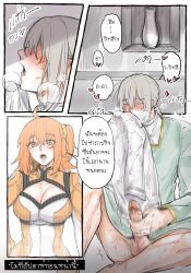 Rule 34 | 1boy, 1girl, bedivere (fate), blush, bottomless, breasts, cleavage, closed eyes, comic, commentary, english commentary, erection, fate/grand order, fate (series), fujimaru ritsuka (female), fujimaru ritsuka (female) (chaldea combat uniform), grey hair, kulissara-aung, large breasts, male masturbation, masturbation, motion blur, motion lines, one side up, open mouth, orange eyes, orange hair, penis, smelling, smelling clothes, sweat, testicles, thai text, translation request, uncensored, vase