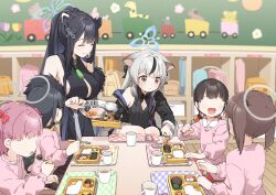 Rule 34 | 6+girls, animal ears, black dress, black hair, black jacket, blue archive, blue halo, blush, breasts, brown eyes, brown hair, carrot, cleavage, closed eyes, closed mouth, clothing cutout, cup, dress, food, fork, grey hair, grey halo, halo, hamburger steak, highres, holding, holding fork, holding spoon, indoors, jacket, kokona (blue archive), large breasts, long hair, long sleeves, multicolored hair, multiple girls, open mouth, pink hair, rice, short hair, shun (blue archive), sleeveless, sleeveless dress, small breasts, smile, spoon, streaked hair, striped clothes, striped dress, striped jacket, tiger ears, two side up, vegetable, vertical-striped clothes, vertical-striped dress, vertical-striped jacket, yukie (kusaka shi)