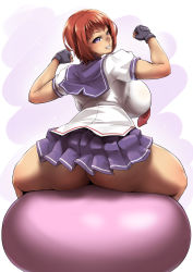 Rule 34 | 1girl, ass, bandaid, bandaid on face, bandaid on nose, blush, breasts, commission, curvy, from behind, highres, huge ass, huge breasts, looking at viewer, looking back, maken-ki!, miniskirt, no panties, packge, purple eyes, red hair, shinatsu azuki, short hair, sideboob, sitting, skirt, smile, solo, thick thighs, thighs