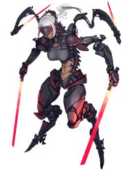 Rule 34 | 1girl, android, breasts, dairoku ryouhei, full body, glowing, grey hair, head-mounted display, hetza (hellshock), holding, holding sword, holding weapon, large breasts, long hair, mechanical, mechanical arms, mechanical legs, ponytail, sharp teeth, smile, solo, spine, standing, sword, teeth, transparent background, weapon