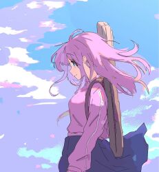 Rule 34 | 1girl, blue eyes, blue skirt, blue sky, bocchi the rock!, closed mouth, cloud, day, ein, from side, gotoh hitori, highres, instrument case, jacket, long hair, long sleeves, looking ahead, outdoors, pink hair, pink jacket, pleated skirt, profile, skirt, sky, smile, solo, standing, track jacket