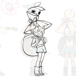 Rule 34 | 0 0, 1girl, animated, animated gif, backpack, bag, character sheet, ginseng (indivisible), glasses, hat, honey (indivisible), idle animation, indivisible, leaf, leaf on head, lineart, open mouth, plant monster, ribbon, sandals, short hair, shorts, straw hat